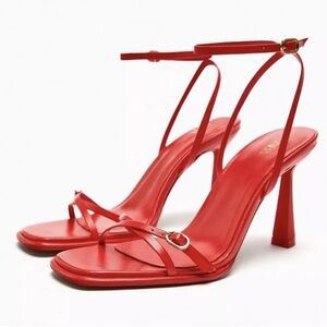 Zara Strappy Heeled Leather Sandals Red US 6, EU 36